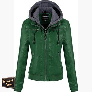 Women's Faux Leather Bomber Jacket Waterproof Motorcycle Coat Removable Hood